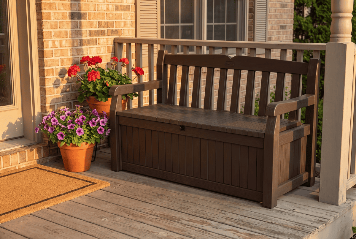 Keter Solana 70-gallon brown resin storage bench on a covered front porch