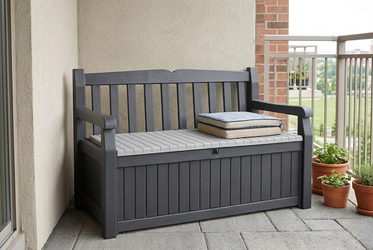 Keter Solana 70 gallon resin storage bench with a cushion on top on a compact balcony