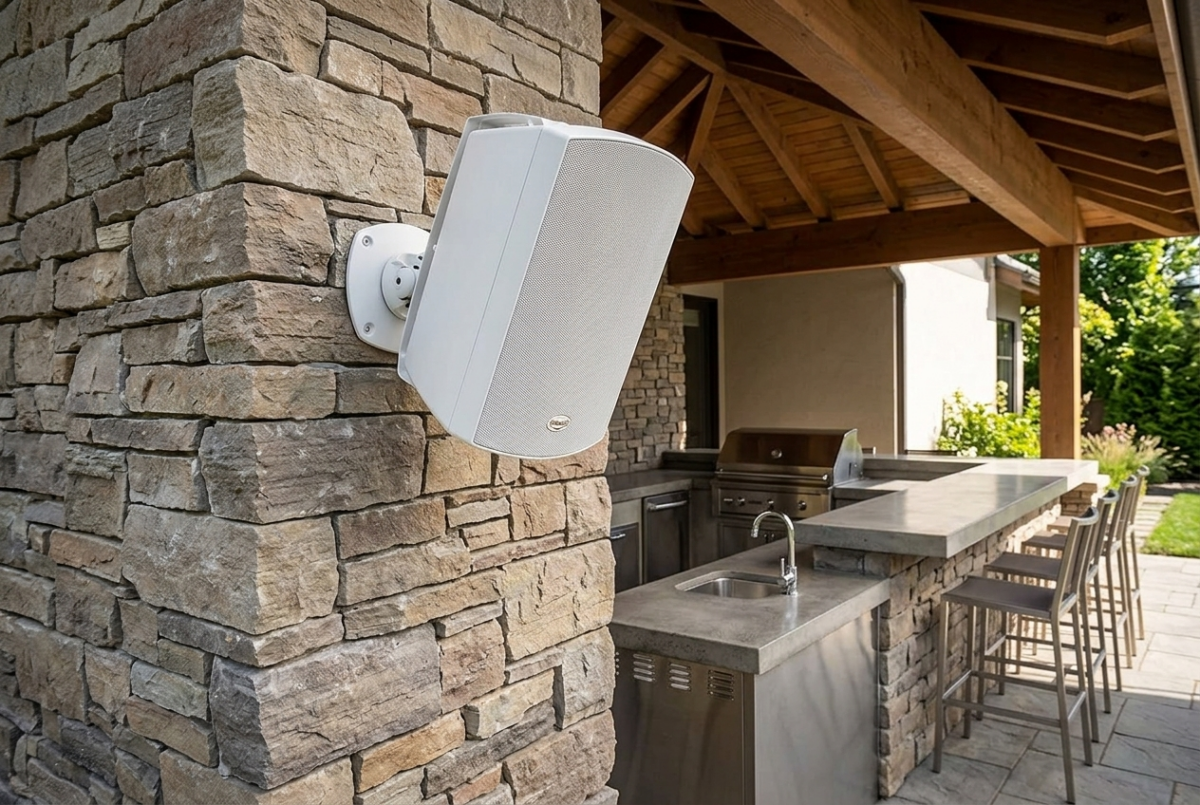 Klipsch AW-650 outdoor speaker wall-mounted on a stone wall beside a covered outdoor kitchen