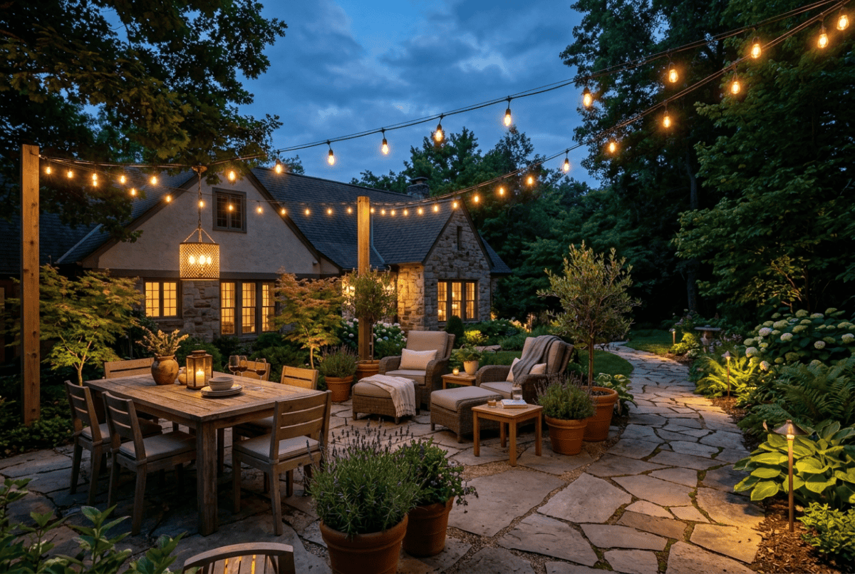 Patio at dusk lit with layered lighting: overhead string lights, a pendant over the dining table, and low path lights