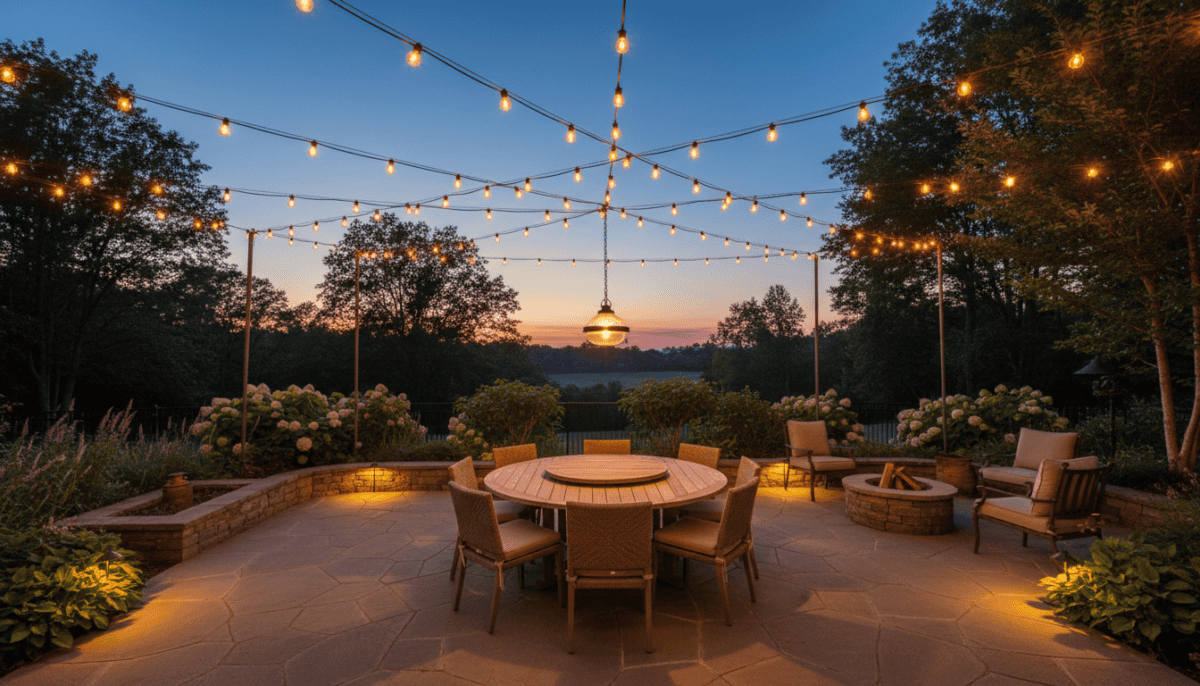 Backyard patio at dusk with layered string lights, pendant light, and path lights