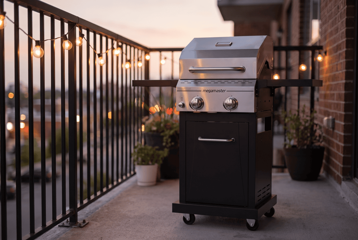 Megamaster Deluxe two-burner gas grill on an apartment balcony at dusk