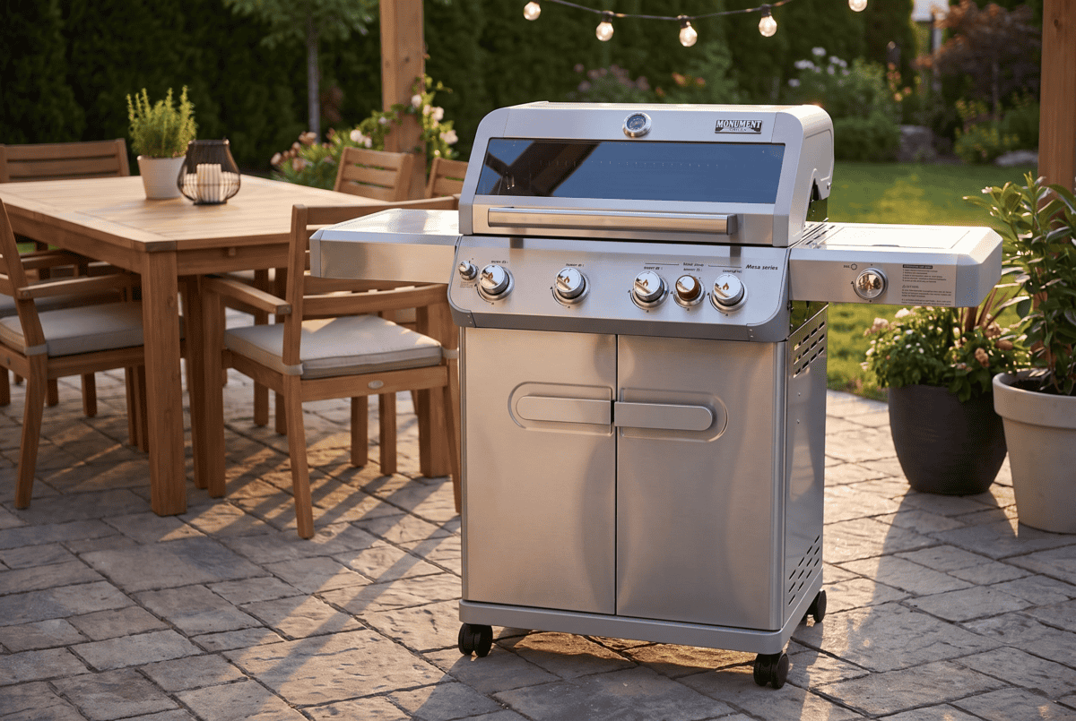 Monument Grills Mesa 4-burner stainless gas grill on a paver patio