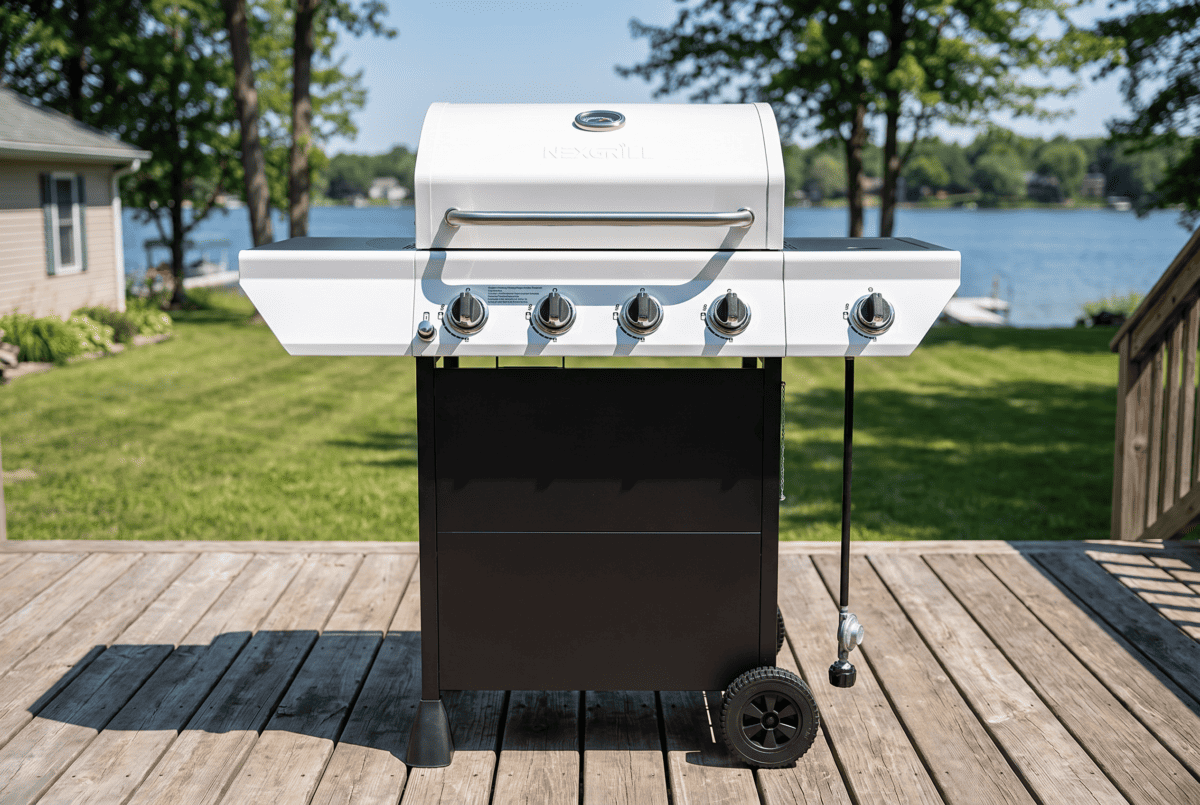 Nexgrill 4-burner propane grill with side burner on a lakeside deck