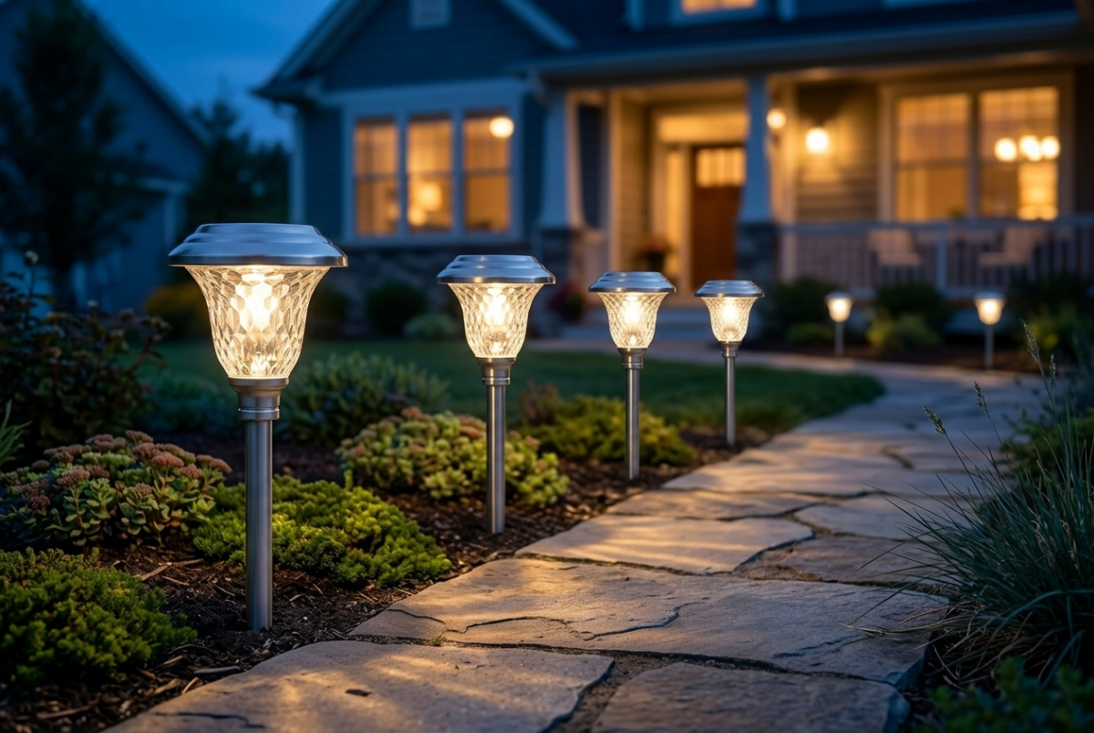 BEAU JARDIN stainless steel solar pathway lights installed along a flagstone garden walkway at dusk