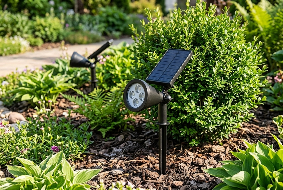 InnoGear adjustable solar spotlights staked in a garden bed angled toward a shrub in daylight