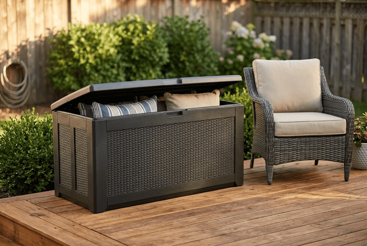 Black resin deck storage box holding patio cushions on a wooden deck next to a wicker patio chair