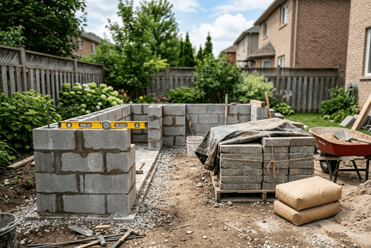 Concrete block outdoor kitchen island frame under construction in a suburban backyard