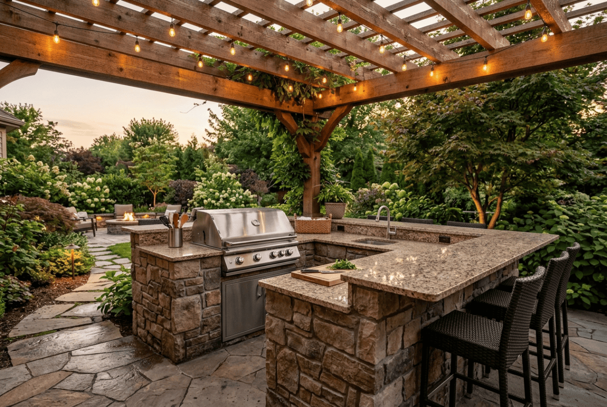 Mid-range built-in outdoor kitchen with stone island, granite countertop, and pergola at dusk