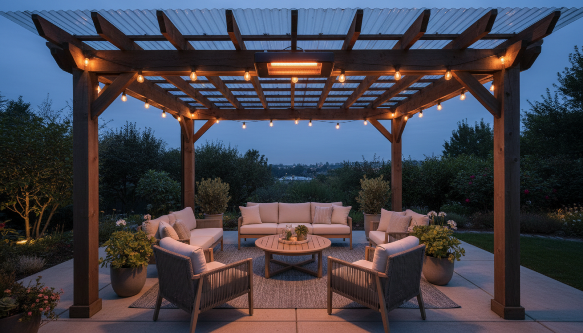 Electric infrared heater mounted under a wooden pergola on a covered patio
