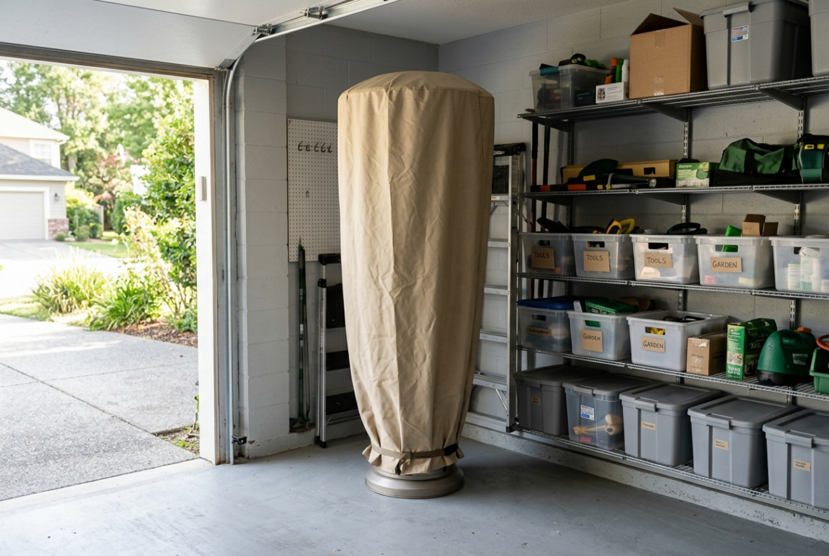 Patio heater under a fitted waterproof cover stored upright in a garage corner for winter