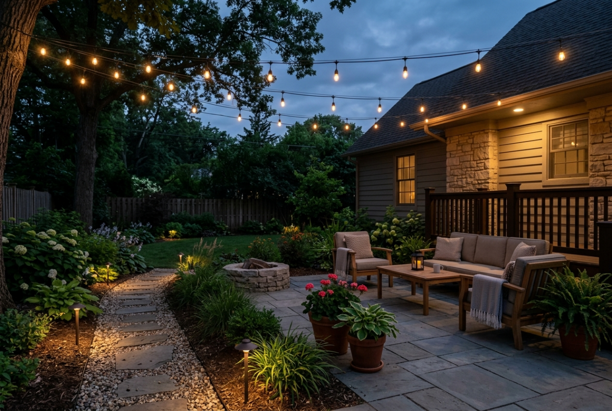 Backyard patio at dusk with warm string lights overhead and low-output solar path lights lining a garden walkway