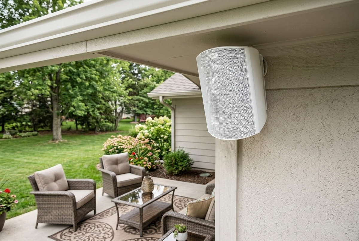 Polk Audio Atrium 4 outdoor speaker wall-mounted under a patio eave