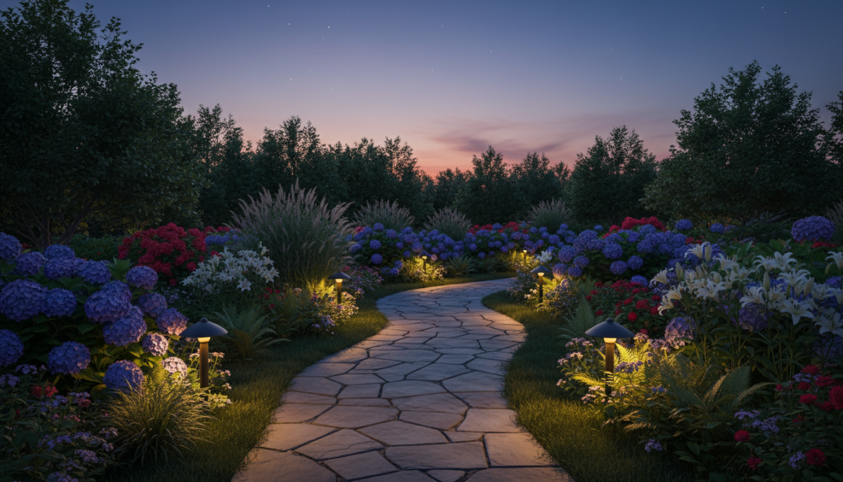 Backyard garden pathway at twilight lined with landscape lighting