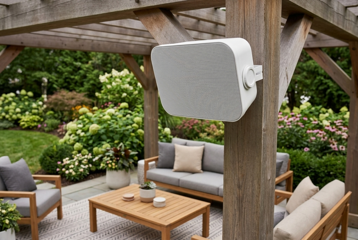 Sonos Outdoor by Sonance speaker mounted on a pergola post above a backyard patio seating area