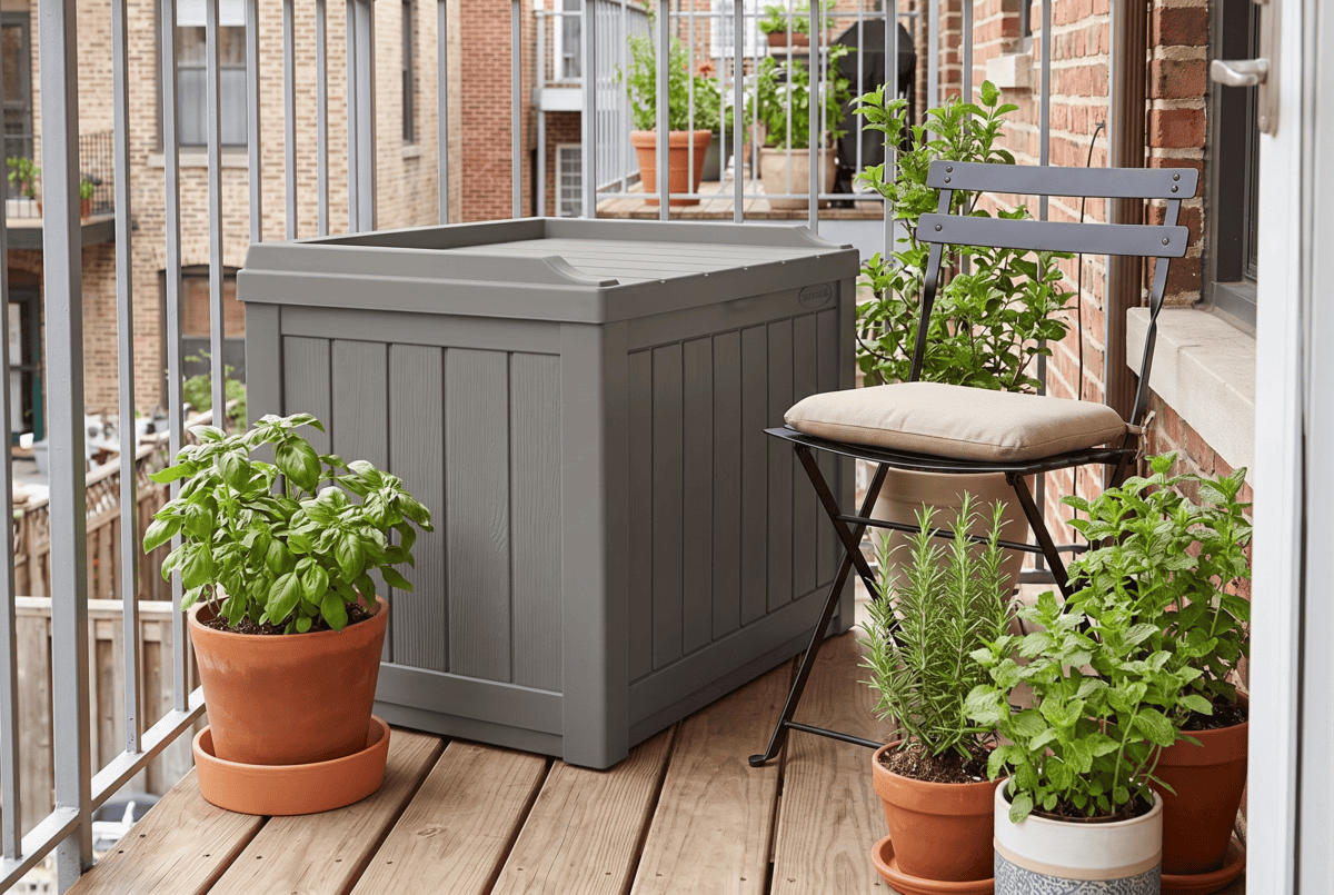 Suncast 22-gallon gray resin deck box with seat on a small apartment balcony