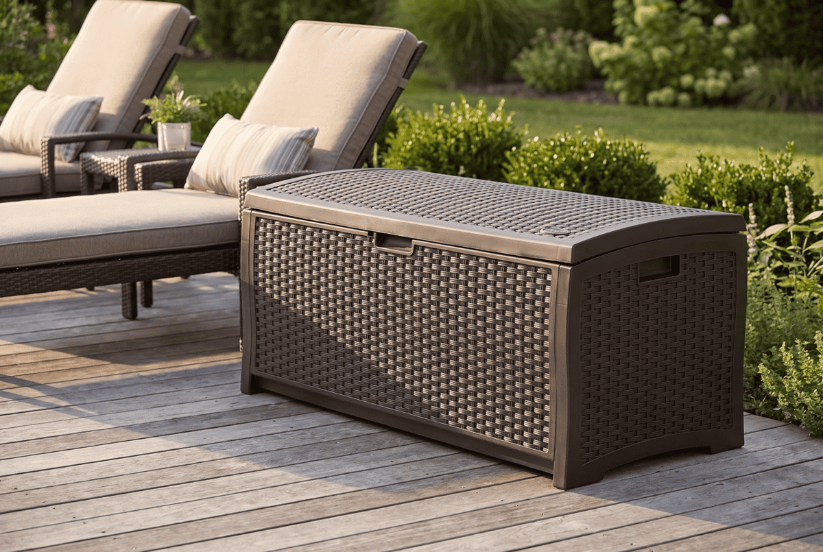 Suncast 73-gallon mocha wicker resin deck box beside lounge chairs on a wood deck