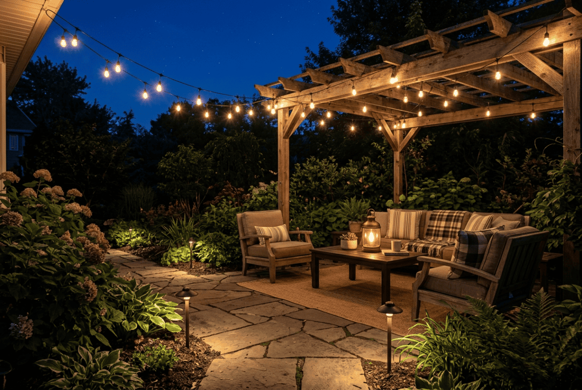 Patio at night showing three lighting layers: overhead string lights, a lantern table lamp, and low path lights