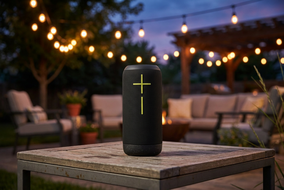 Ultimate Ears Epicboom portable speaker on an outdoor coffee table at dusk with string lights behind