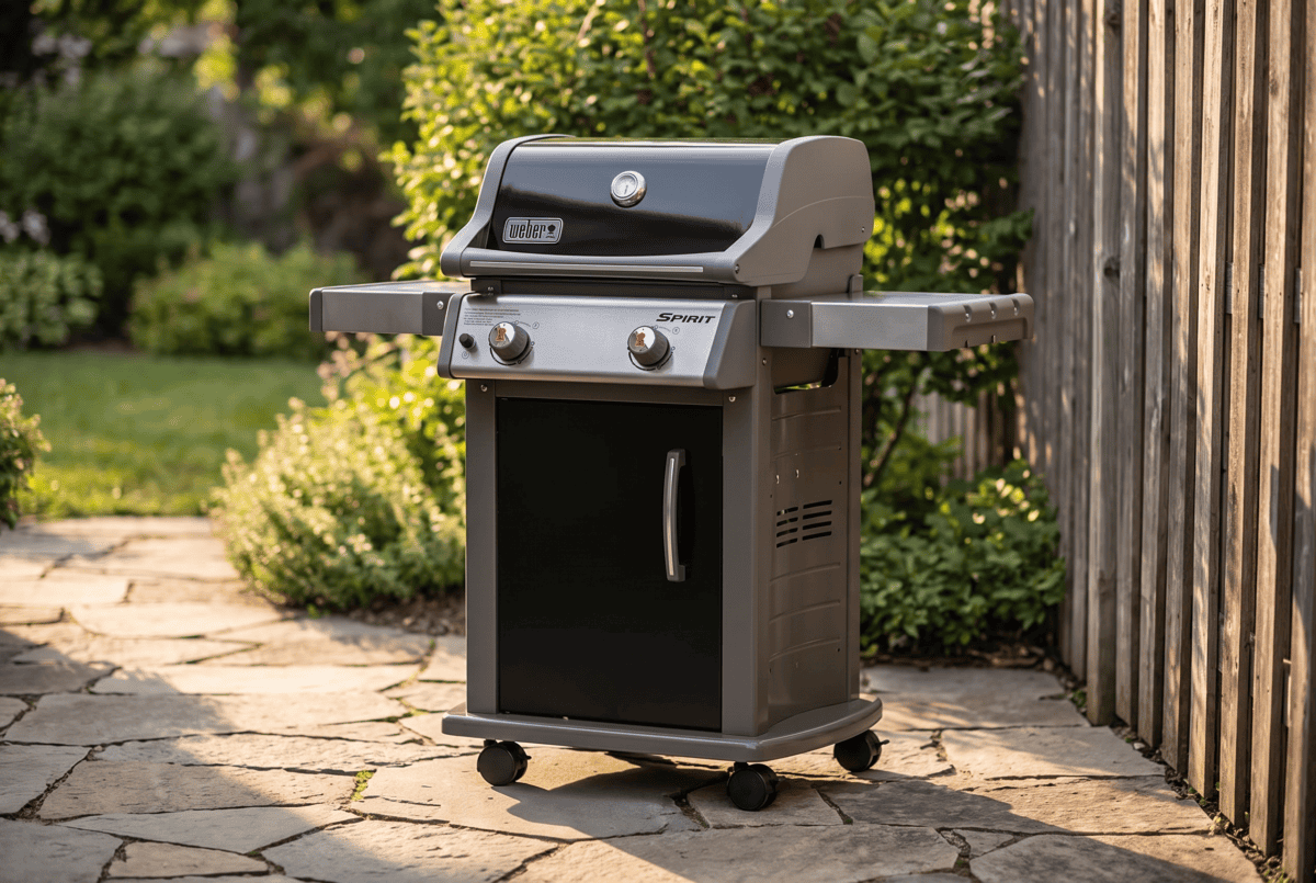 Weber Spirit E-210 two-burner gas grill on a stone backyard patio