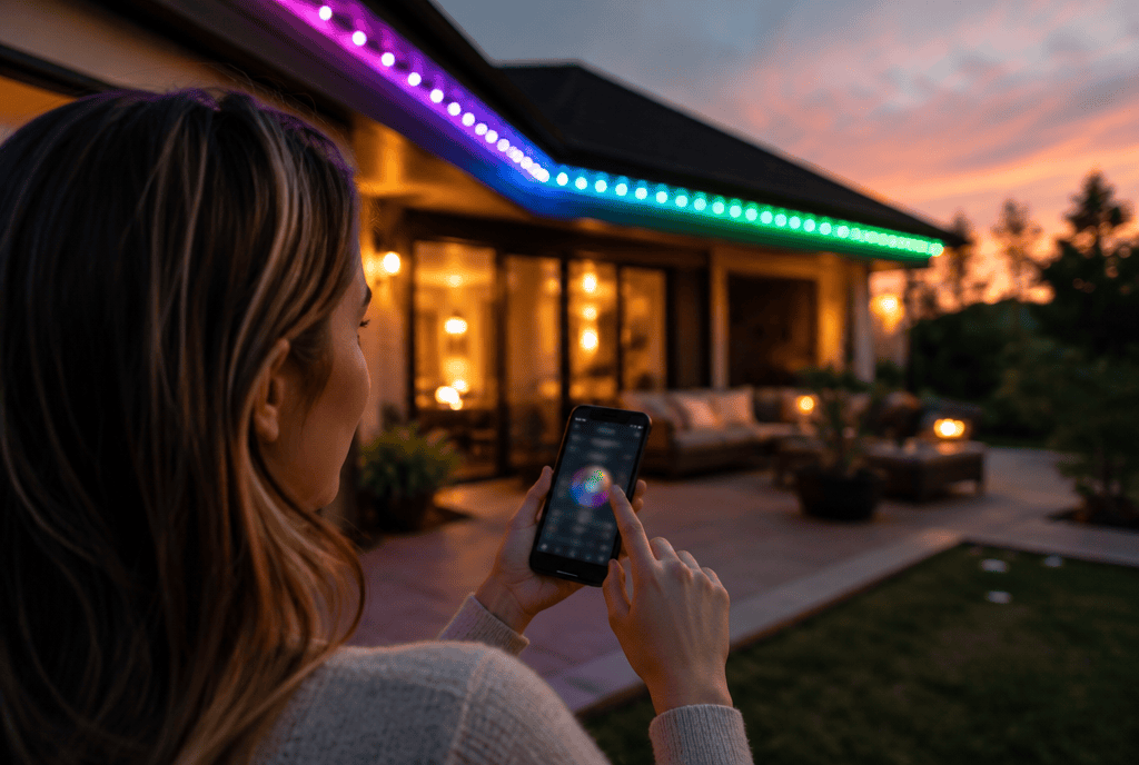 Person adjusting permanent outdoor lighting colors from a smartphone app on the patio