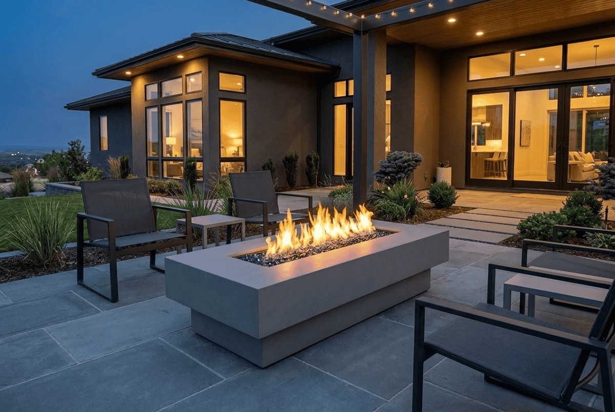BAIDE HOME 48-inch natural-gas convertible fire pit table installed on a stone patio at evening