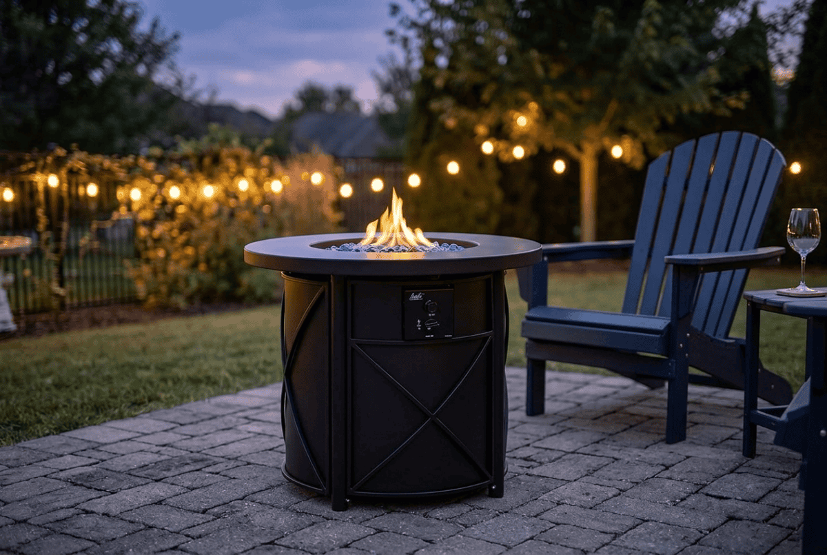 BALI OUTDOORS 30-inch round propane fire pit table lit on a paver patio at dusk