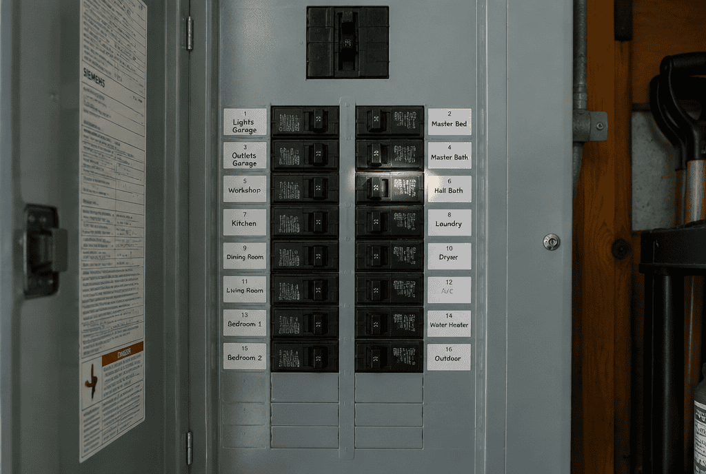 Open electrical breaker panel showing labeled circuit breakers