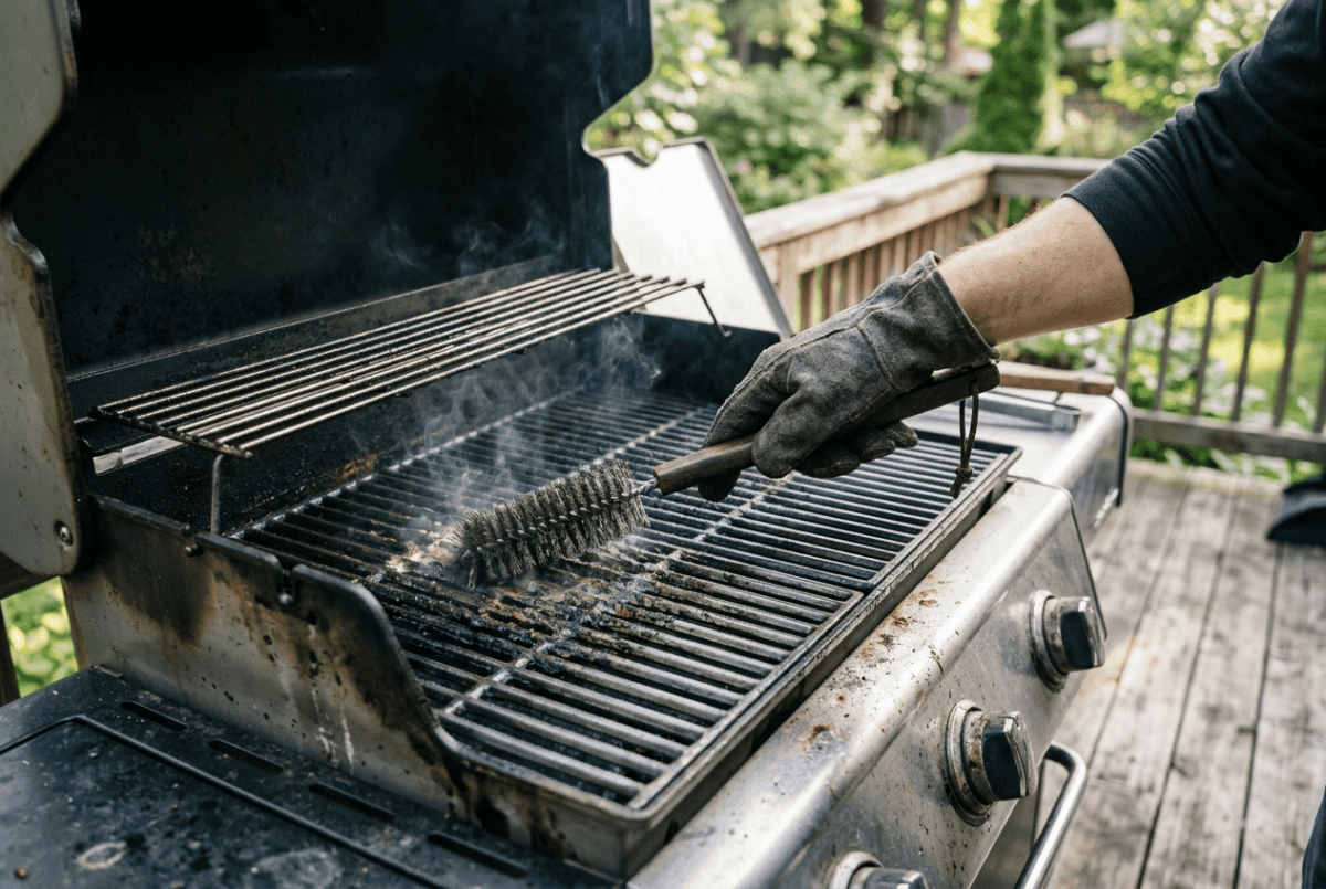 Gloved hand brushing the grates of a gas grill while they are still warm after cooking