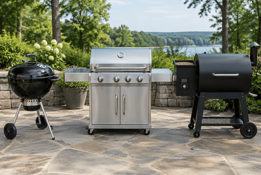 Charcoal kettle grill, stainless gas grill, and pellet smoker side by side