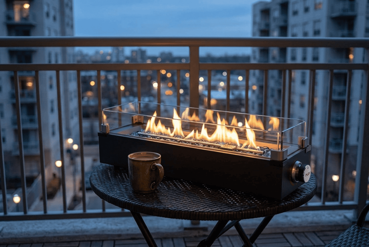 Ciays 28-inch tabletop propane fire pit with glass wind guard on an apartment balcony bistro table