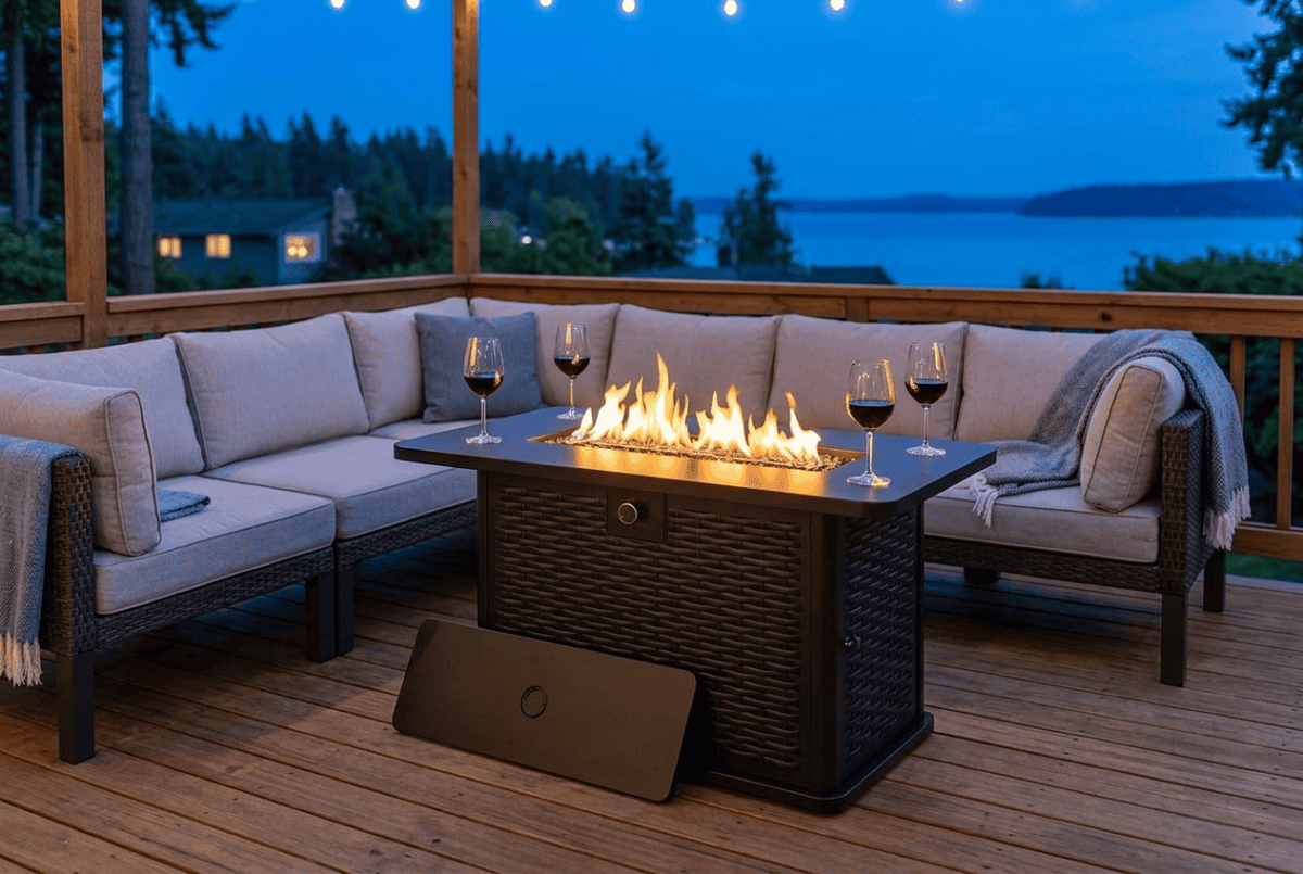 Ciays 43-inch rectangular H-burner propane fire pit table on a deck with an outdoor sectional