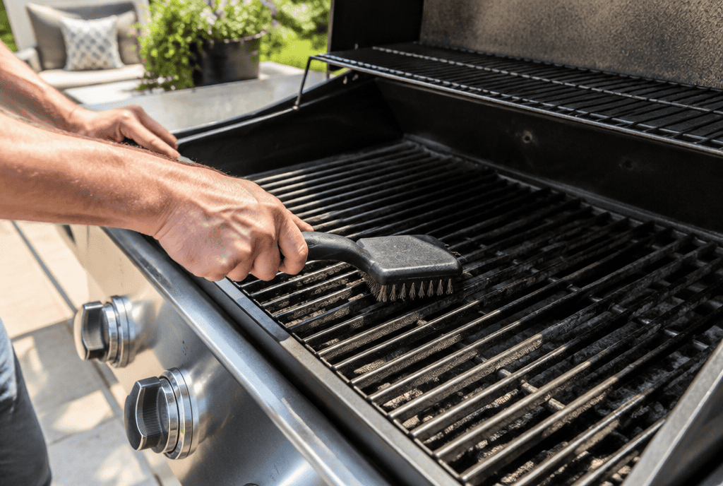 Cleaning grill grates with a wire brush on an outdoor gas grill