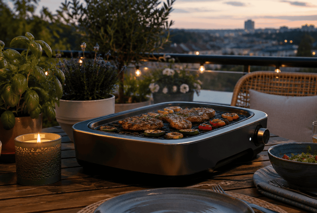 Countertop smokeless electric grill on a balcony table set for dinner