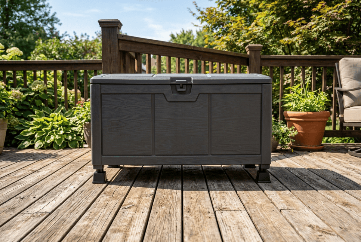 Resin deck box elevated on plastic feet with an air gap underneath so water cannot pool