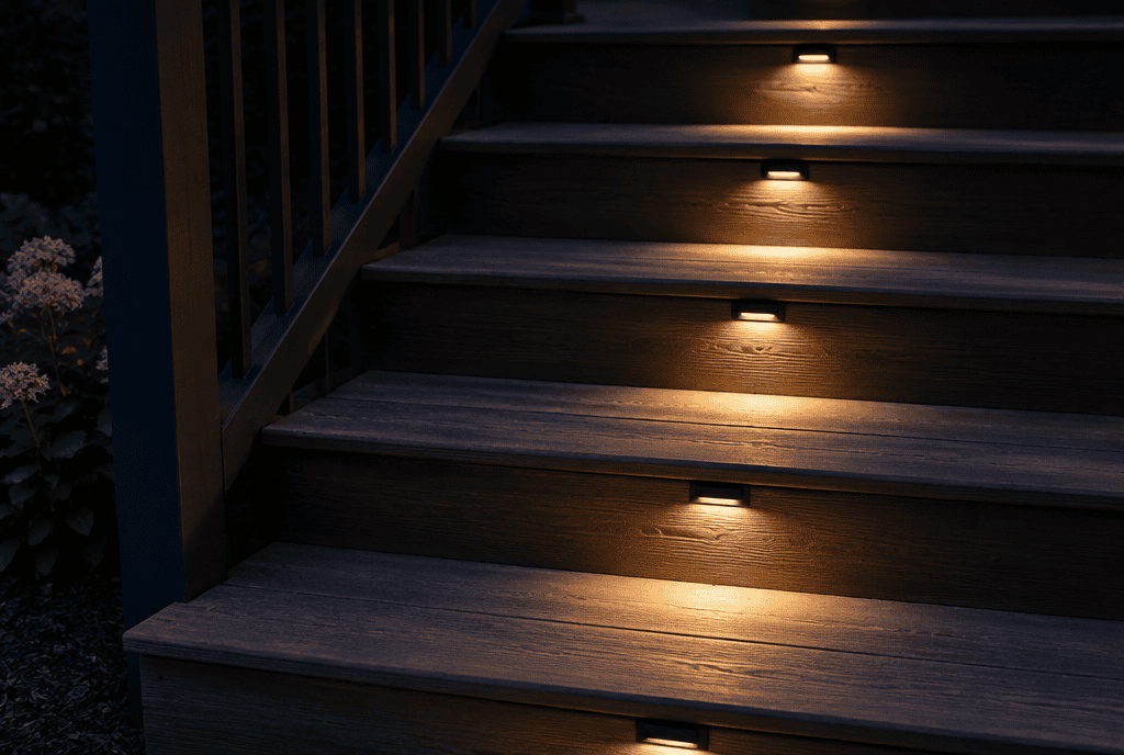 Wooden deck stairs at night with LED stair riser lights glowing on each step