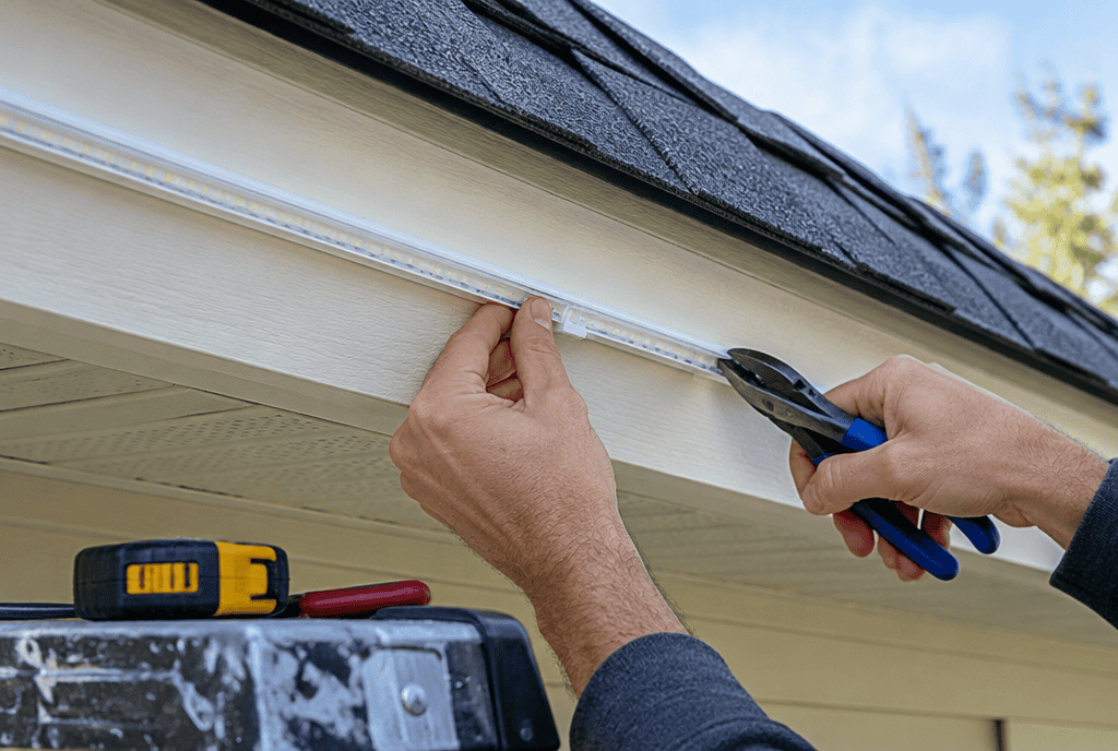 Hands installing a permanent LED light channel on a house fascia board