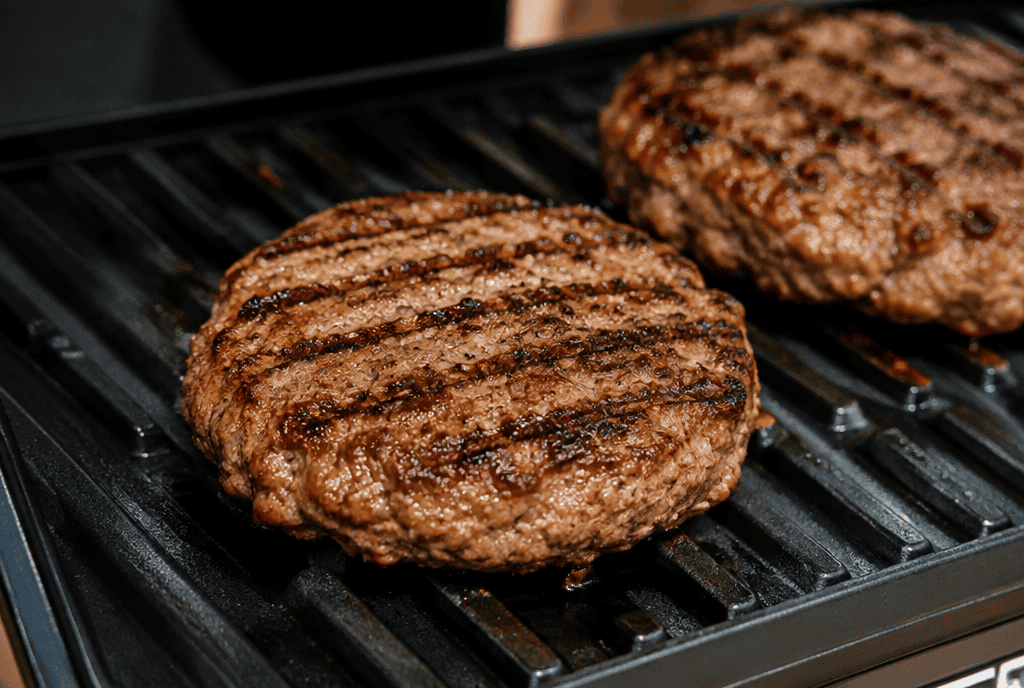 Grill marks on a burger cooked on an indoor-outdoor electric grill