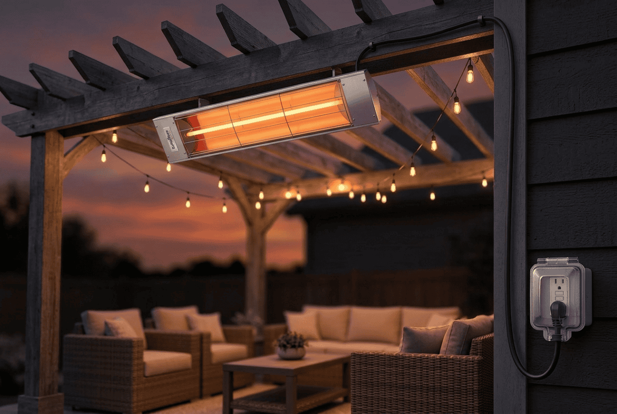 Electric quartz-tube patio heater mounted under a pergola at sunset, plugged into a weatherproof outdoor GFCI outlet