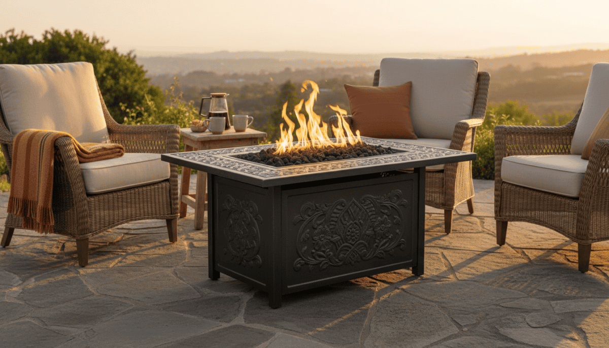 Cast-aluminum propane fire pit table with lit flame and lava rock on a stone patio