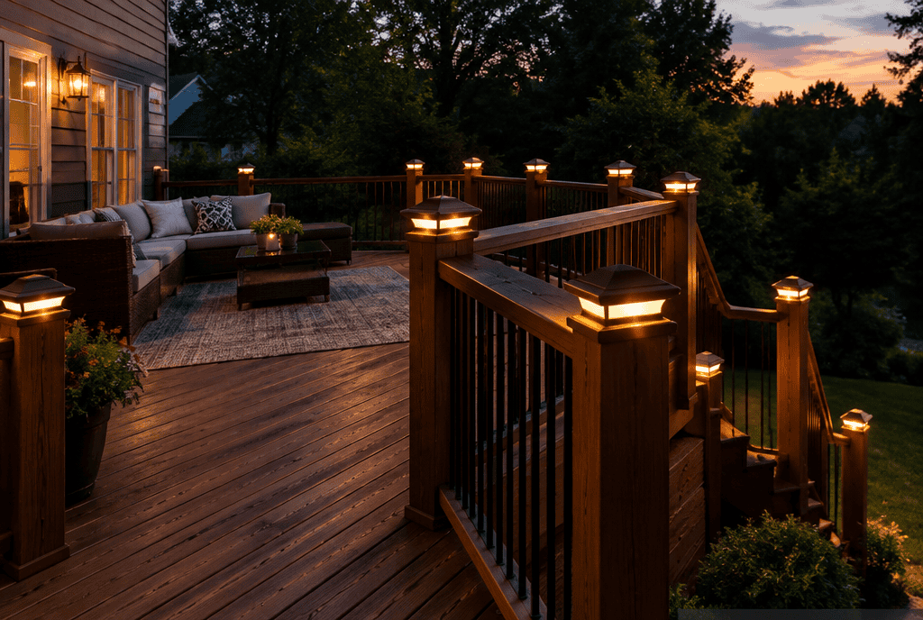 Wood deck at dusk with glowing post cap lights on railing posts