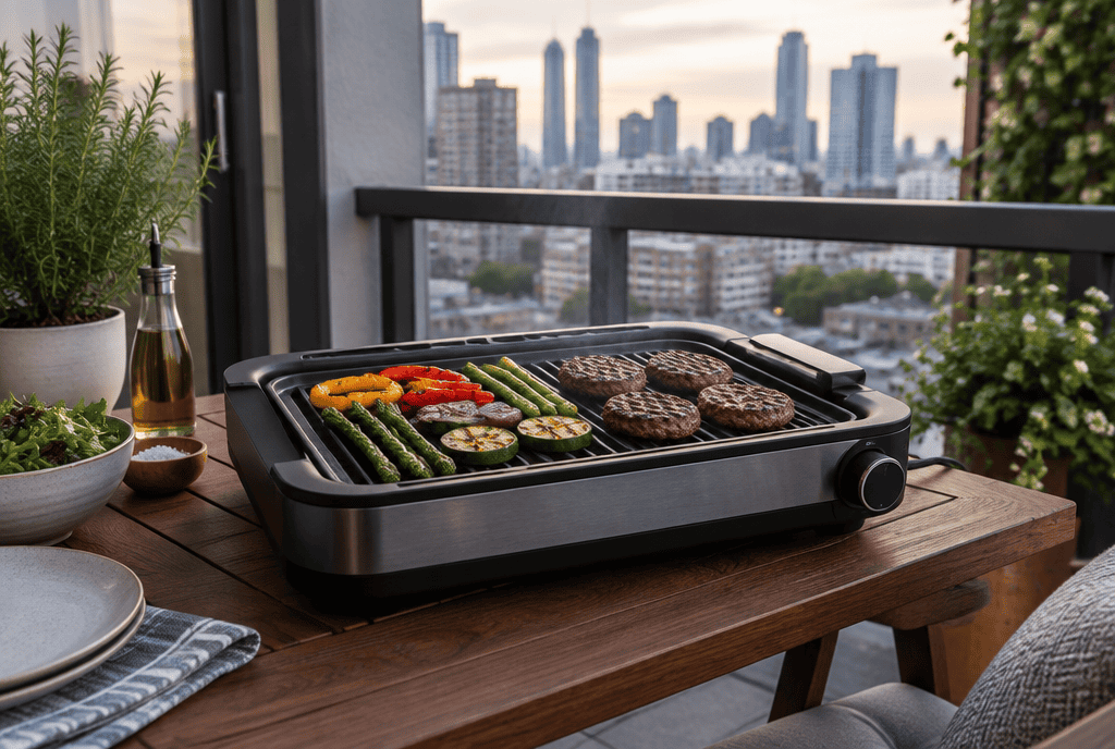 Electric smokeless grill on an apartment balcony grilling burgers with minimal smoke