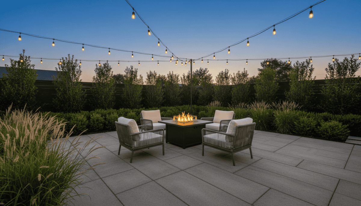 Glowing propane fire pit table on a backyard patio at dusk with lounge seating