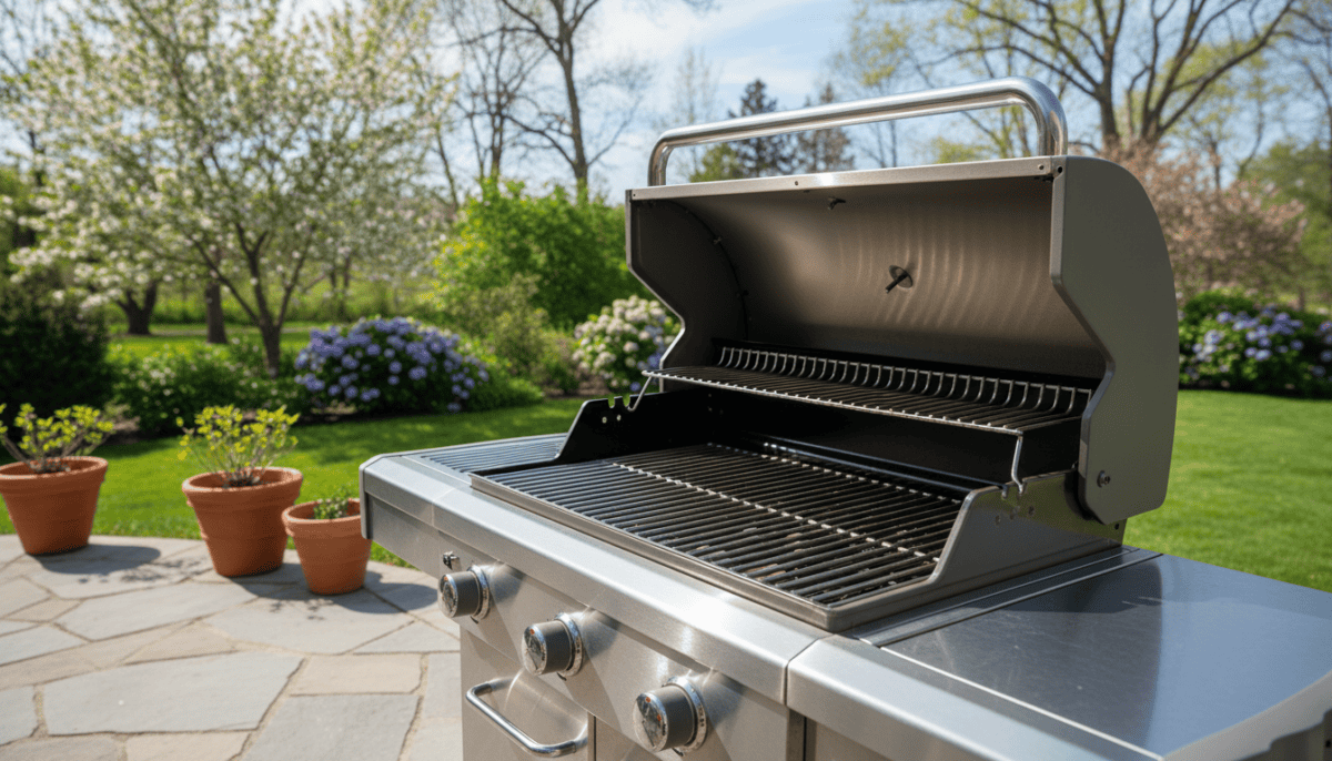 Clean stainless steel gas grill on a backyard patio in daylight