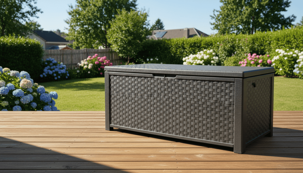 Resin deck storage box elevated on a wooden deck in daylight