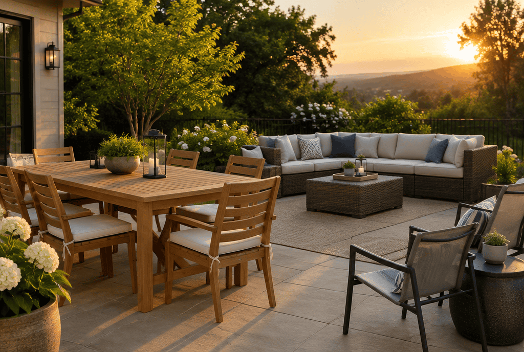 Backyard patio furnished with teak, aluminum, and resin wicker furniture at golden hour