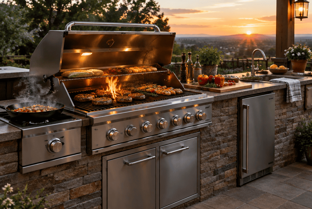 Backyard outdoor kitchen with gas grill, side burner, and prep counter
