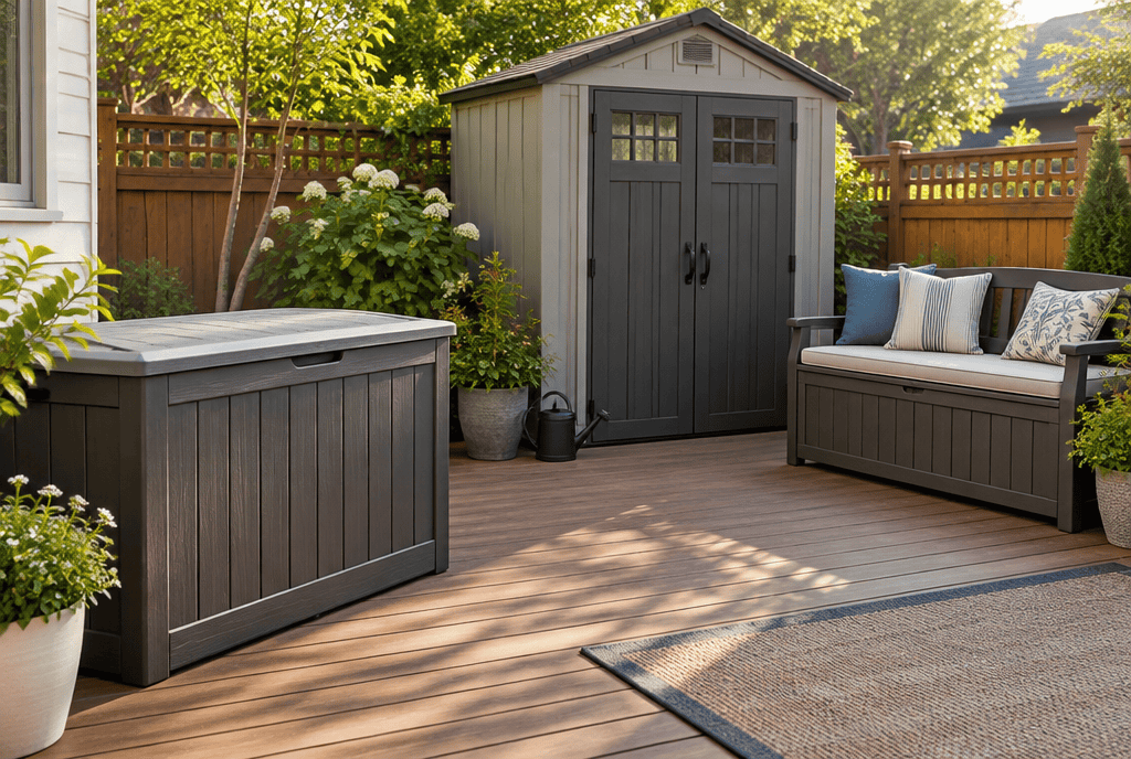 Tidy backyard deck with deck box, small shed, and storage bench
