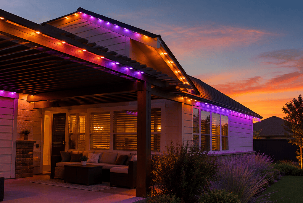 House roofline lit with color-changing permanent RGBIC outdoor lighting at dusk