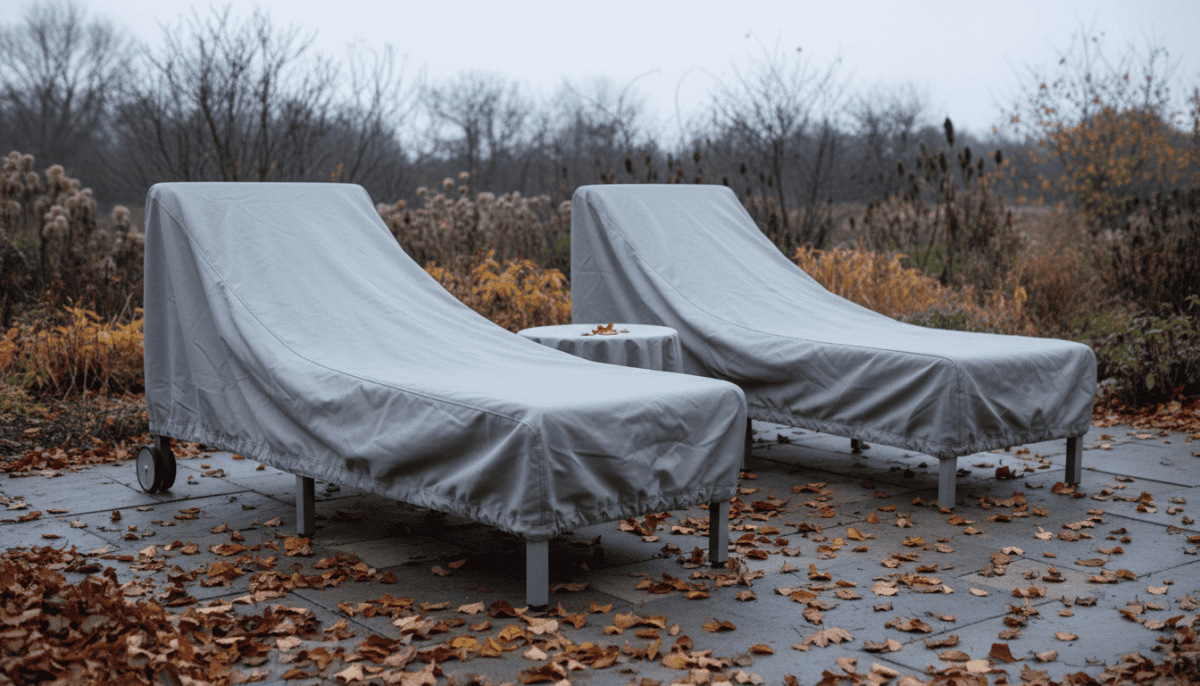 Patio furniture set with a breathable fitted cover in late autumn